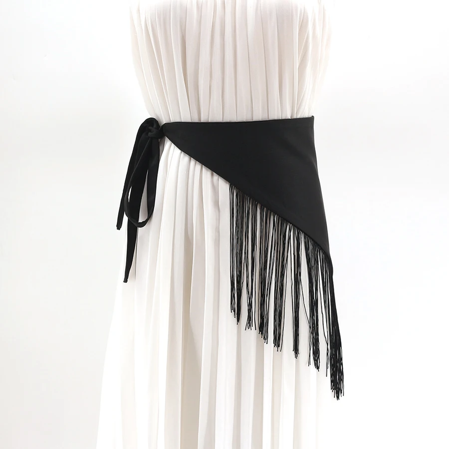Черный однотонный тканевый пояс с кисточками для женщин нерегулярный длинный