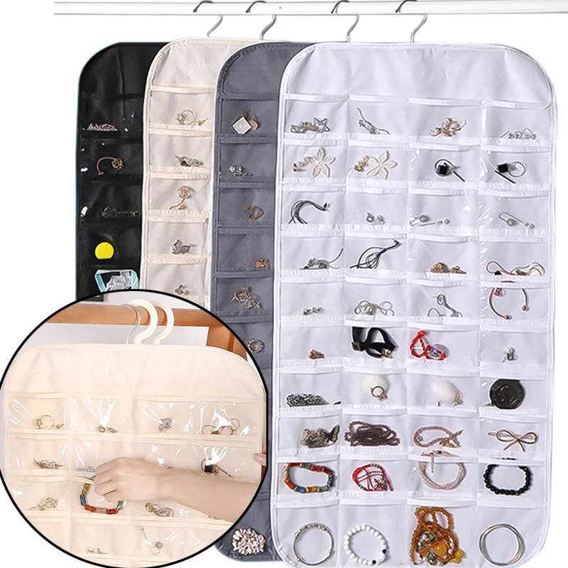 

80 Pocket Jewelry Packaging Transparent Non-woven Fabric Storage Hanging Bags Display Double-sided Rotating Hook Storage Manager