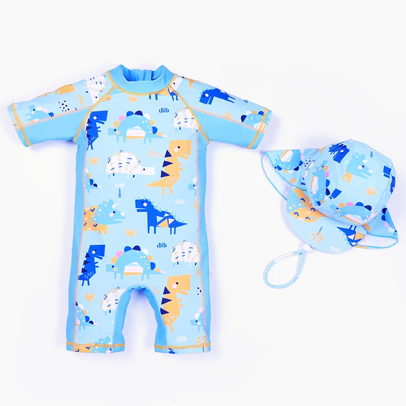 Conjoined Body Super Cute  Mechanical Dinosaur 3 Piece Set Baby Swimsuit 2022 New Short Sleeve Children Bathing Cap Swim Suit
