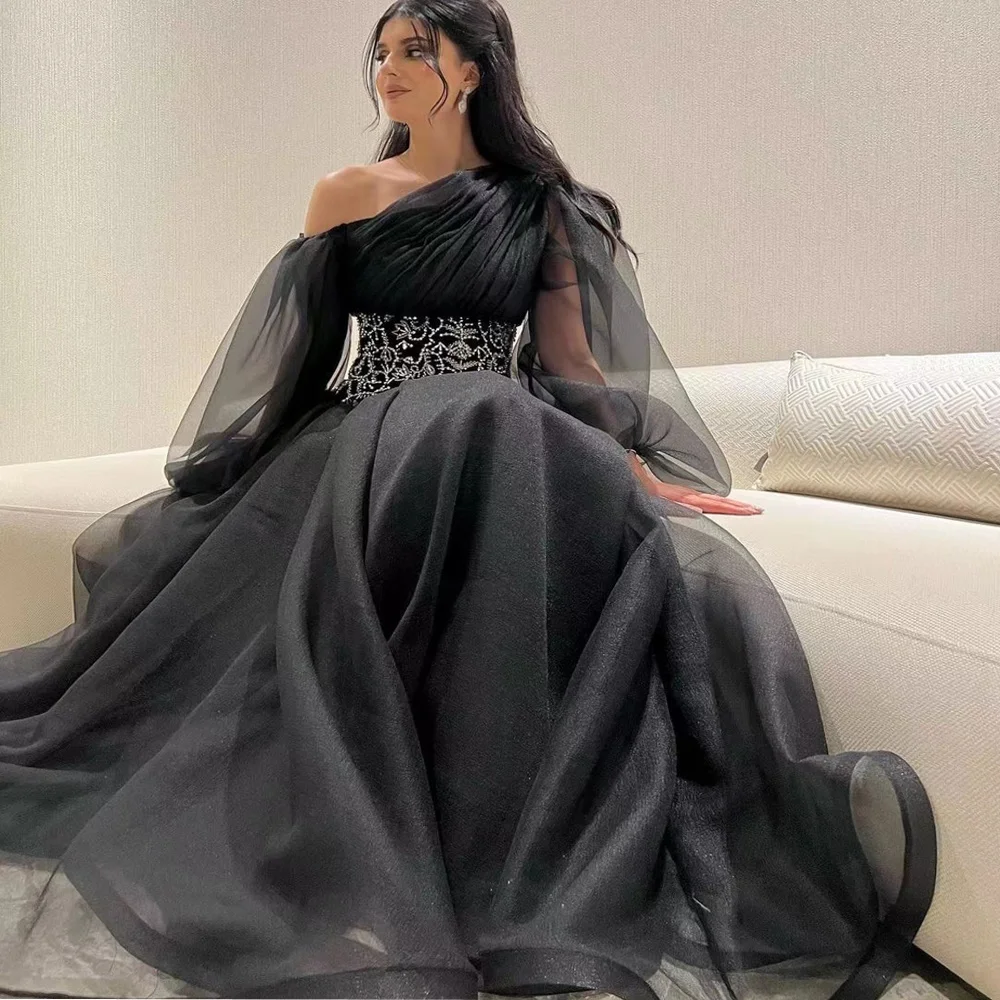 

Katerina Black Organza A Line Prom Dresses Beaded Sash Luxury Saudi Arabia Women Wear Long Sleeves Elegant Party Evening Gowns