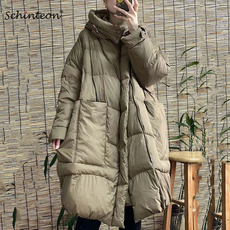 

Schinteon Women White Duck Down Long Jacket with Hood Loose Over Size Coat Autumn Winter Warm Outwear Korean Style Big Pockets