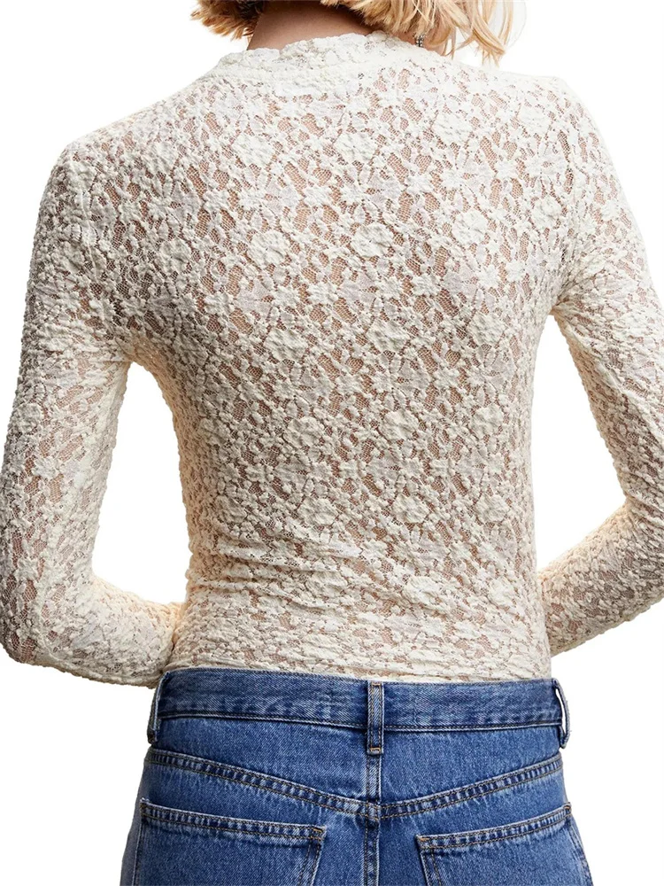 Dourbesty женские футболки с круглым вырезом и длинными рукавами кружевные