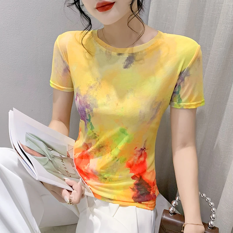 

2023 Summer Fashion Mesh Print Short Sleeve Crewneck T-shirt Slim Women's Tee Shirt Top for Women Blouses Fashion New Korea