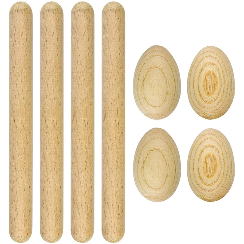 

8 Pcs Musical Percussion Instrument, Including 4 Pcs Musical Rhythm Sticks Wood Claves And 4 Pcs Wood Egg Shakers