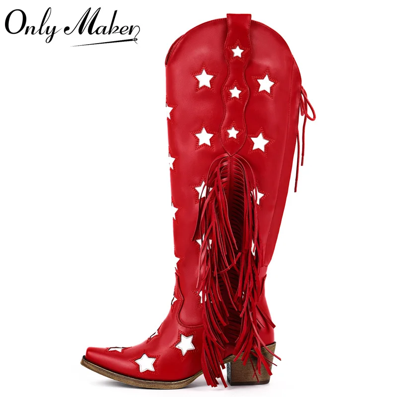 Фото Onlymaker/женские ковбойские сапоги в стиле вестерн с острым носком и бахромой на боковой молнии, регулируемые ковбойские сапоги на массивном каблуке с бахромой №5