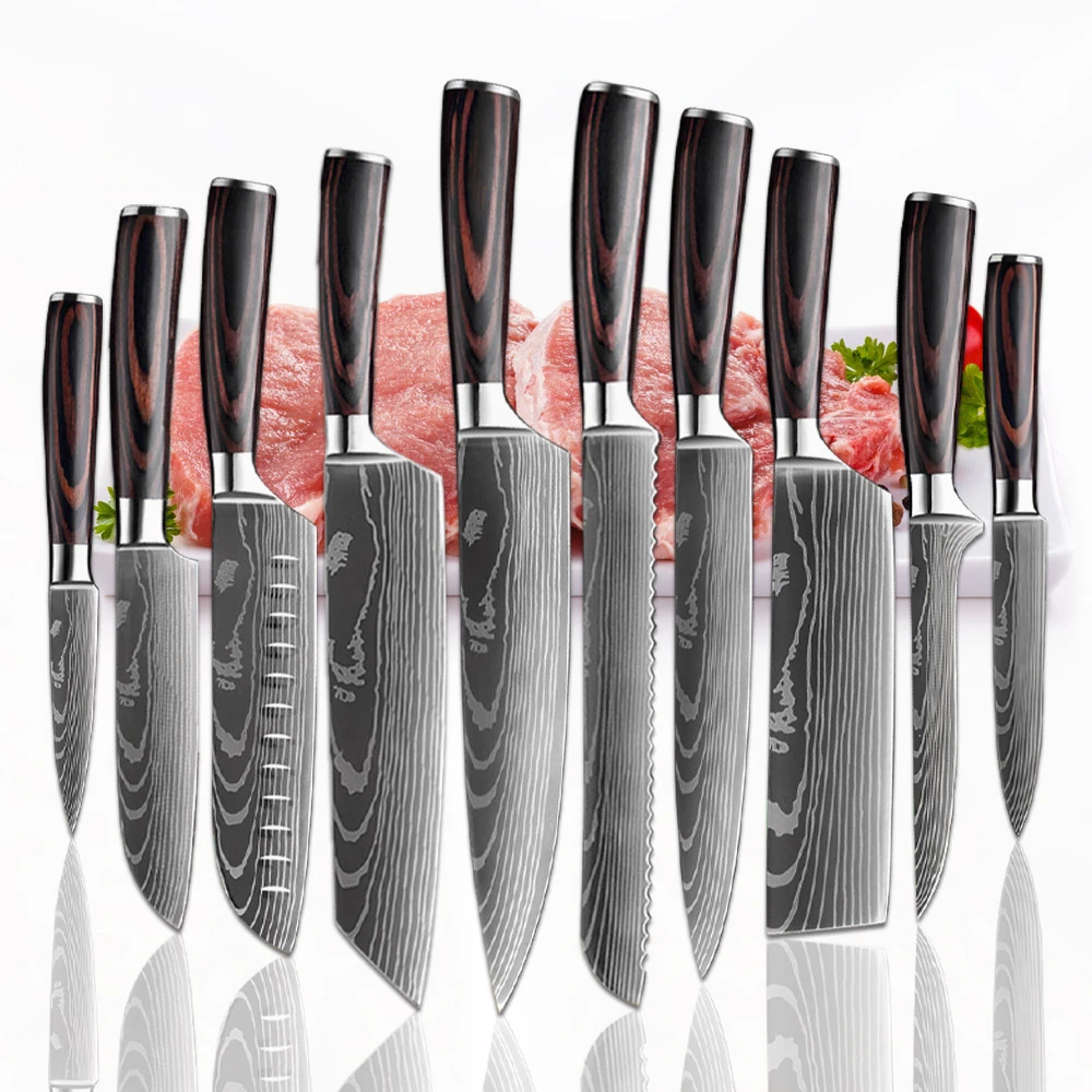 

Damascus Drawing Cleaver Set Slicer Tool Utility Professiona Chef knife 1-10 Pcs Set Kitchen Knives Set Professional Chef Knives