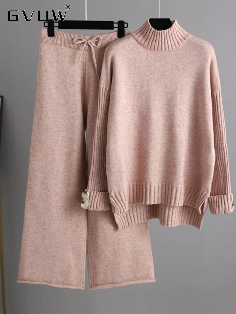

GVUW Elegant Knitted Two Piece Sets For Women New Fall 2023 Turtleneck Pullover Sweater Wide Leg Pants Female Clothing 17G1922
