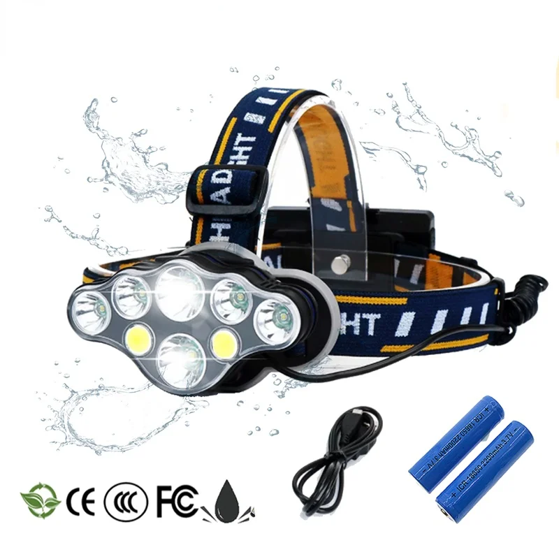 

LED Headlamp 8 Modes Camping Headlights White-Red-light Fishing Headlamp Hiking Flashlight Use 2*18650 Battery+Charger