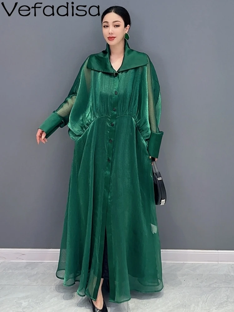 

Vefadisa 2023 New Autumn Women Casual POLO Neckline Silky Long Dress Loose Personalized Solid Lace Elegant Green Dress ZY1892