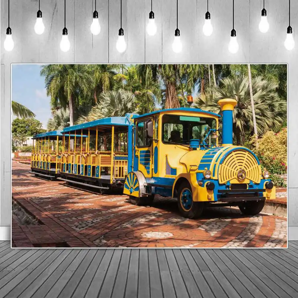 

Sightseeing Vehicle Photography Backdrops Holiday Decoration Custom Children Tropical Resort Tour Travel Studio Photo Background