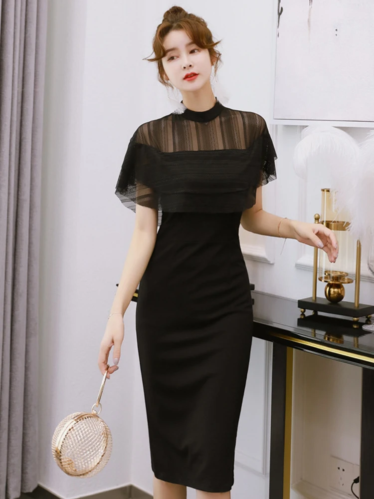 

Summer Women Midi Dress Elegant Sexy Feminine Sheer See Through Black Mesh Short Sleeve Slim Hip Slit Robe Party Vestido Mujer