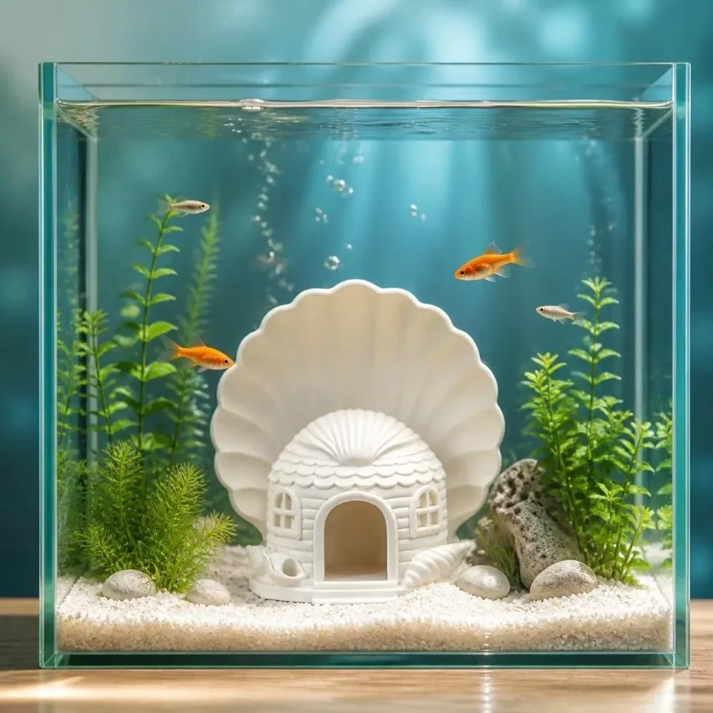 Фото 3D-печатный домик-убежище для рыбок в форме ракушки, дышащий, убежище для бетты, с естественным видом, пластиковый аквариумный декор, украшение для гостиной. №5