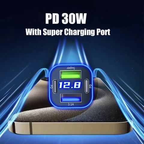 Автомобильное зарядное устройство с двумя PD 30 Вт USB C, адаптер 4 в 1, супер быстрая зарядка для iPhone 15 Pro Max 14 Plus Samsung Huawei Oneplus OPPO Vivo