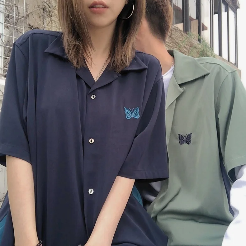 Oversized 2023 New Dark Blue Needles Lapel Shirts Men Women 1:1 Blue Embroidery Butterfly AWGE Needles Shirt Short Sleeve Blouse