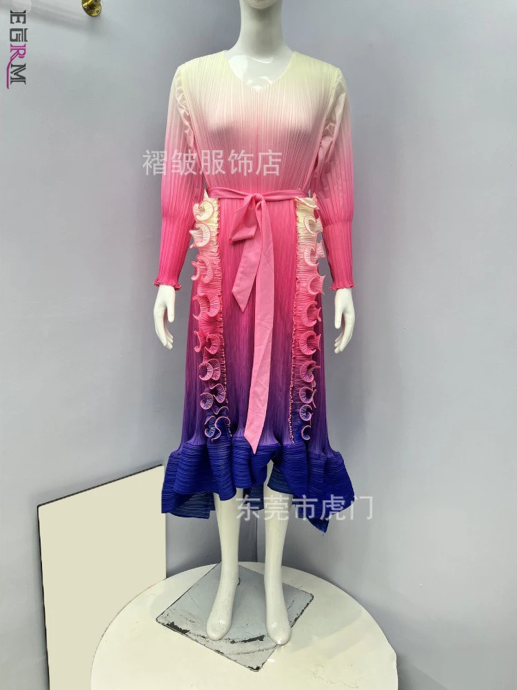 EGRM Miyake плиссированное платье с оборками и поясом платья градиентом на талии