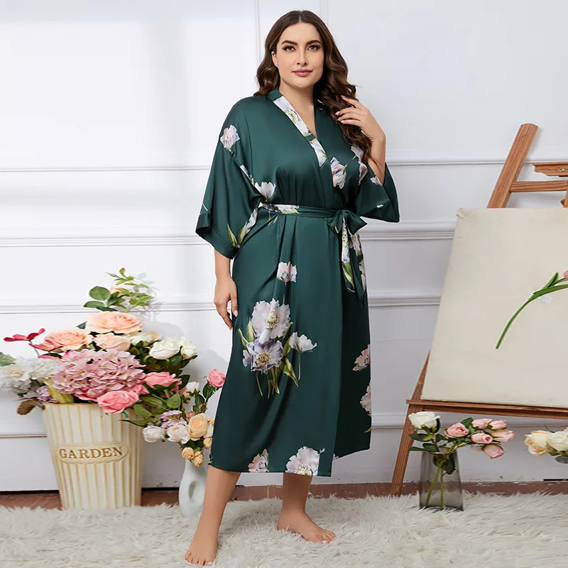 Plus Size Women Pajamas Satin Summer Light Luxury Ice Silk Cool Sense Long Bathrobe Soomth Loungewear Wedding Bride Kimono Robe