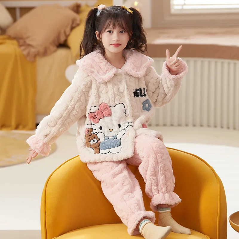 

Флисовая аниме кавайная Детская Пижама Sanrio с длинным рукавом Осень-зима для девочек Hello Kitty Коралловая флисовая утолщенная модель
