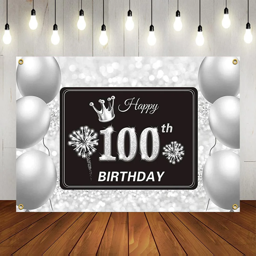 

Withe Silver Happy 100th Birthday Party Backdrop Shining Diamonds Decorations Banner Photography Anniversary Background Poster