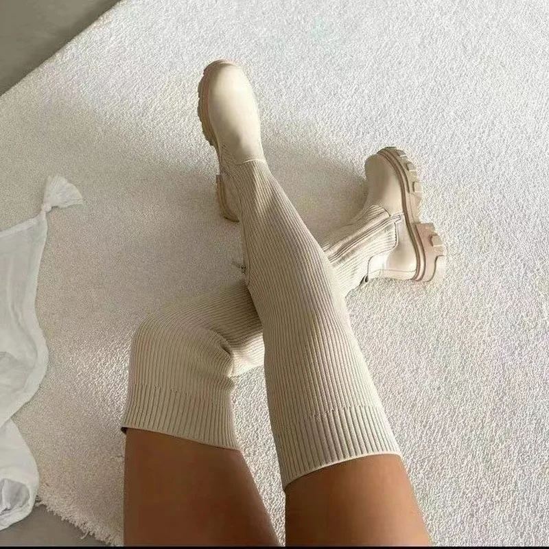 

Women's Cotton Boots 2023 Autumn and Winter New Long Tube Short Boots Leather Knitted Stitching Over The Knee Boots Women
