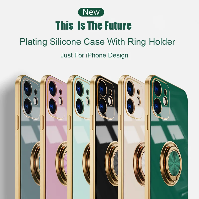 

Luxury Ring Holder Case For iPhone 11 7 8 Plus Gold Plating Metal Stand Phone Cover For iPhone 13 12 Pro Max XS XR Silicone