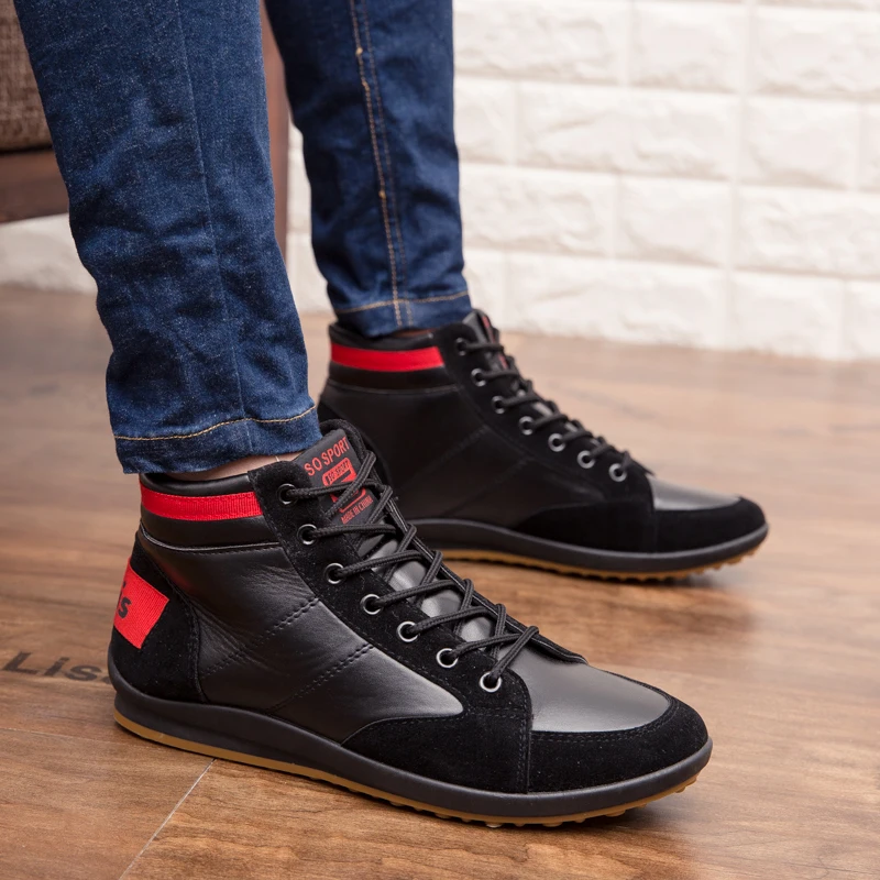 Mens Fashion Casual PU Leather Boots Patchwork Flat Walking Shoes High-top Sneakers