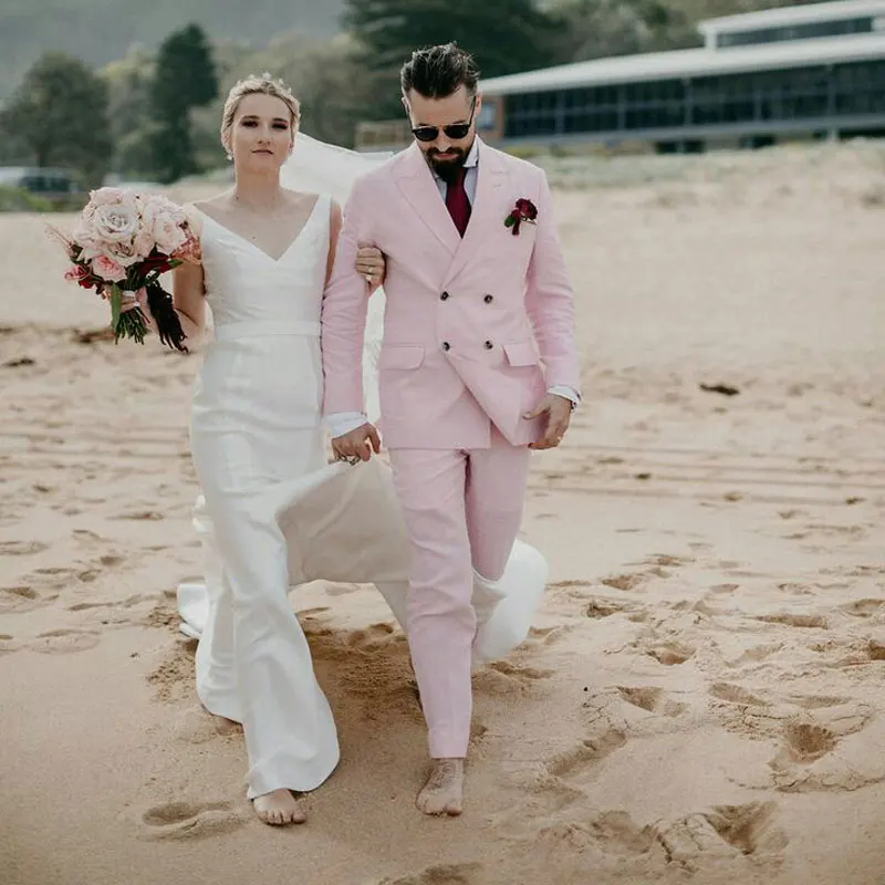 Pink Linen Men Suits Set Custom Made Double Breasted Beach Wedding Tuxedos Two Pieces Suit Man Blazers Slim Fit Terno Masculino