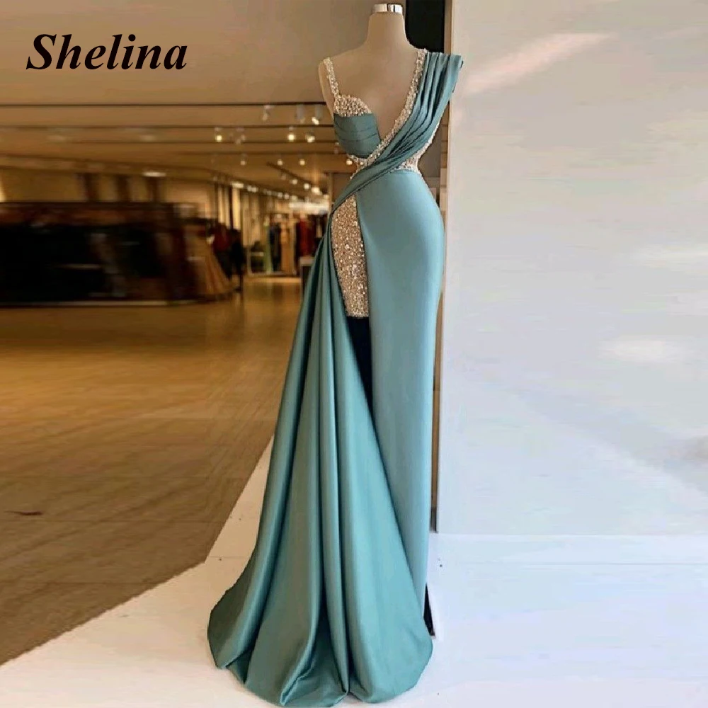 

Shelina Luxury Sequins Slit Cocktail Gowns V-neck Pleated Court Train Party Dresses Robes De Soirée Personal Customization