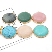 1pcs natural stone agates crystal faceted round green aventurine rose quartzs pendant for necklace jewelry making size 32x36mm