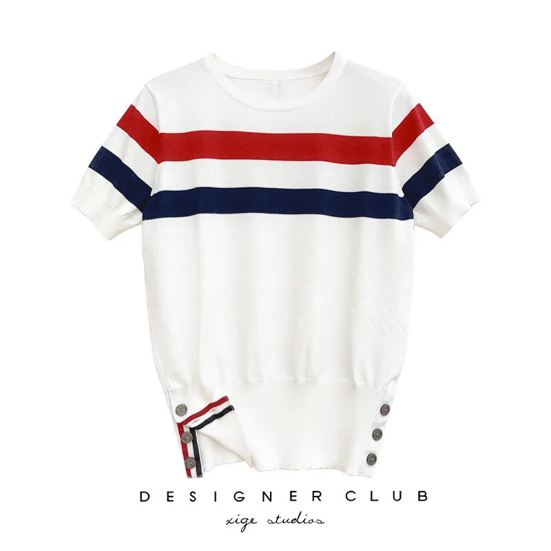 

Summer 2023 TB British College Style Short Sleeve Top Women's Age Reduction Stripe Contrast Thin Ice Silk Knit Woman