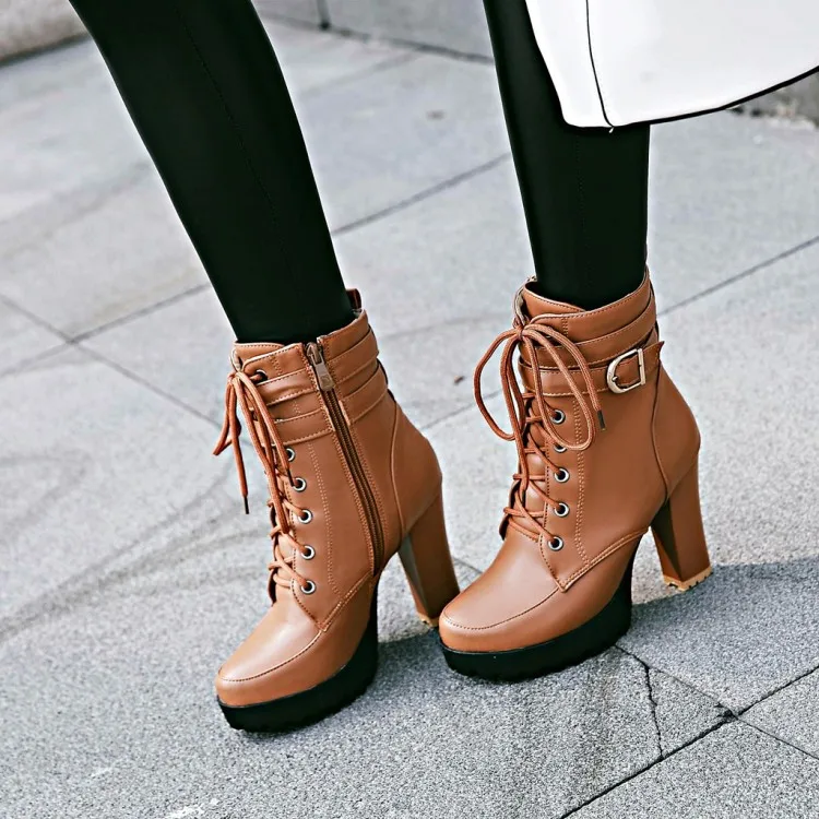 Spring White Black Ankle Platform Motorcycle Boots Women Lace Up Chunky Heel Belt Buckle Pocket Fashion Shoes Women Boots