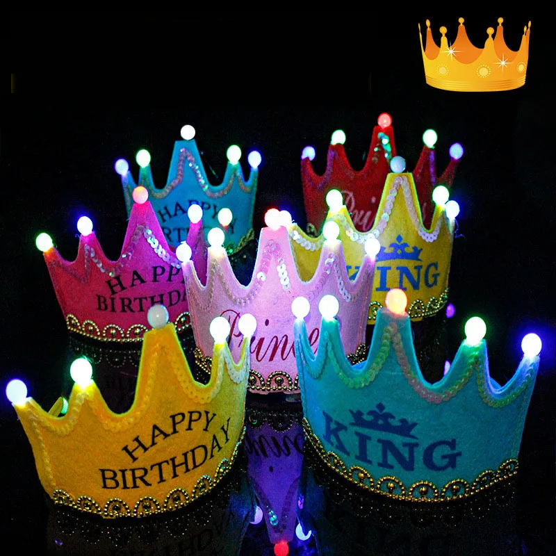

LED Happy Birthday Party King Princess Prince Crown Hats Glow Headband Baby Shower Boy Girl Kids Xmas Decorations Supplies