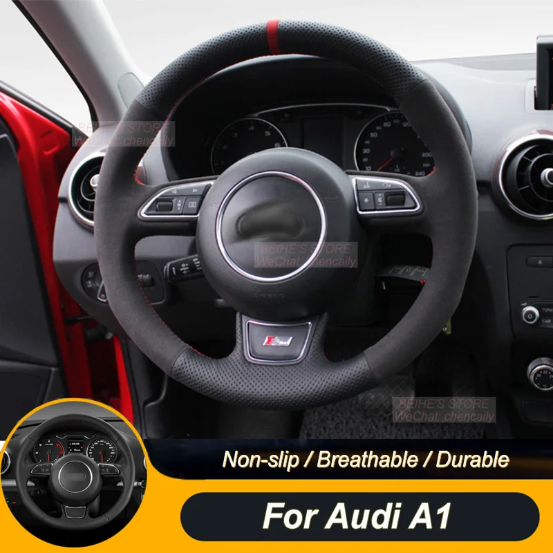 Customized Non-slip Durabl Black Suede Black Perforate Leather Car Steering Wheel Cover For Audi A1