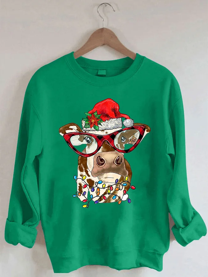 

Christmas Cow Print Casual Crewneck Sweatshirt