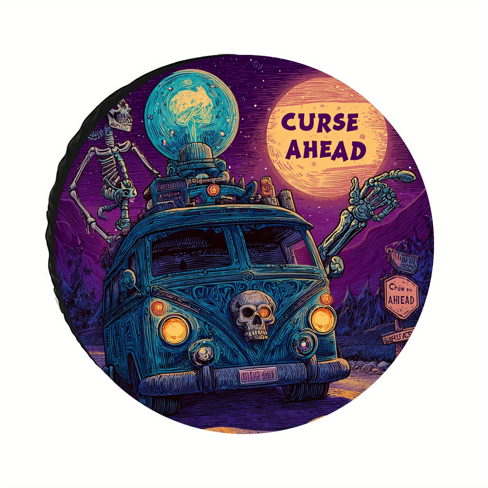 Фото Чехол на колесо в готическом стиле с надписью «Curse Ahead» — сверхпрочная всепогодная защита для внедорожников, модифицированный №1
