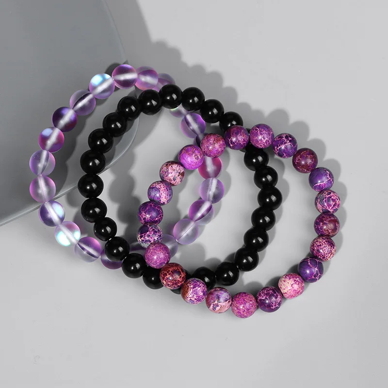 3pcs Beaded Bracelet 8mm Black Onyx Rhodonite Cat Eye Stone Beads Bracelets Set for Women Men Elastic Energy Jewelry - купить по