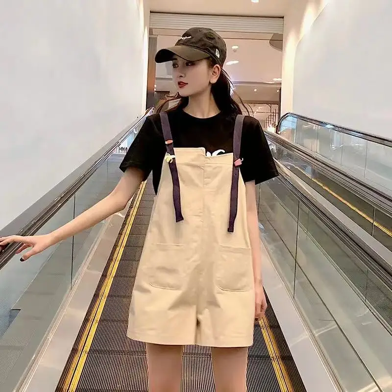 

Summer Women Jumpsuits New Thin Loose Multi Pocket Korean Student Style Straps Shorts 2021 Solid Color Fashion Woman Overalls