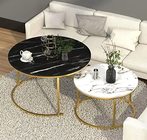 

Table Nesting Set of 2 Round End Table Accent Side Stacking Tables with Sturdy Metal Frame, Modern Living Room Table Sets Indust