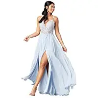 

rtrh Women's Long Prom Dress V Neck Spaghetti Straps Lace Bodice Bridesmaid Dress with Slit Evening Party Gown Light Blue US8