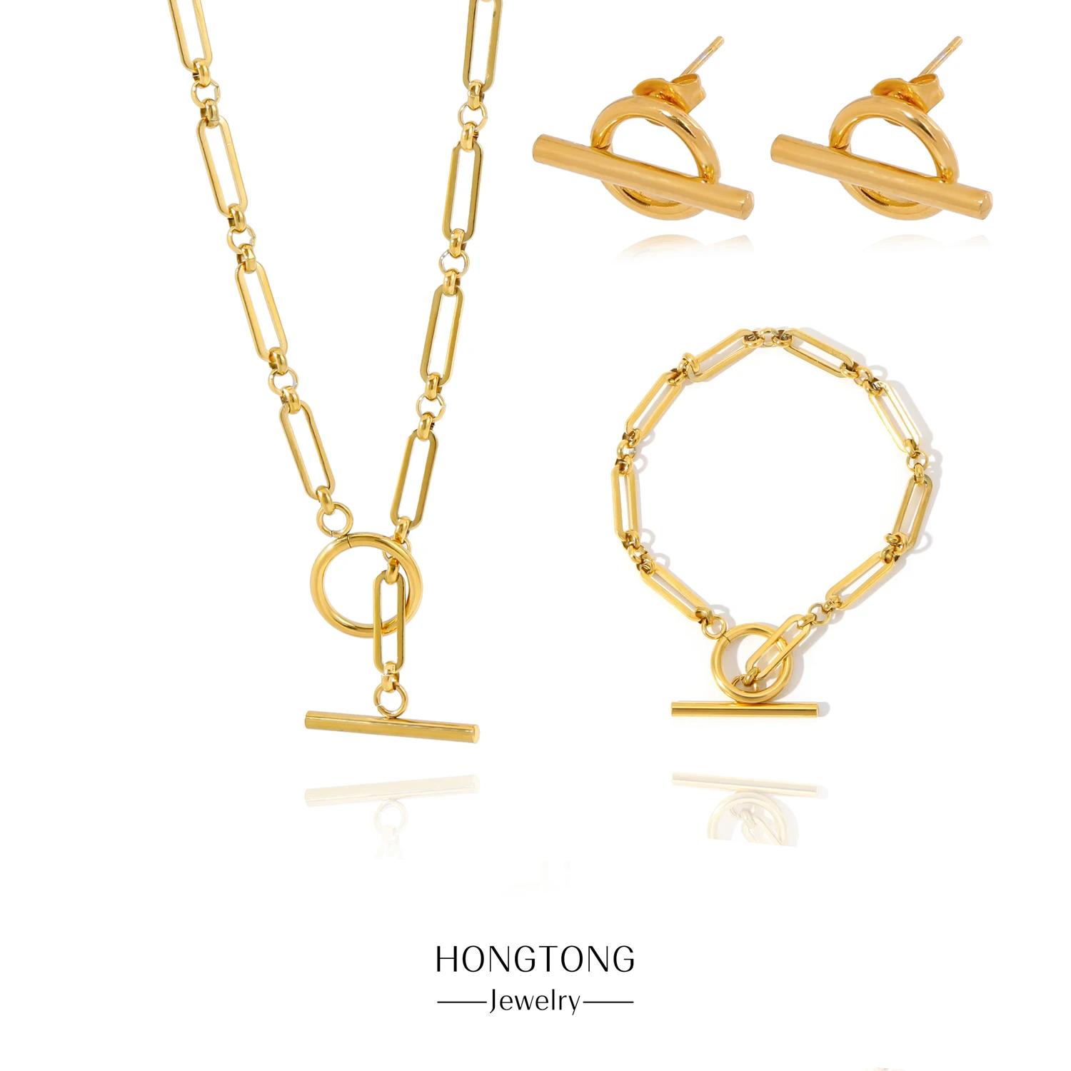 HONGTONG скрепки браслет цепь ожерелье для женщин позолоченный ювелирный набор из