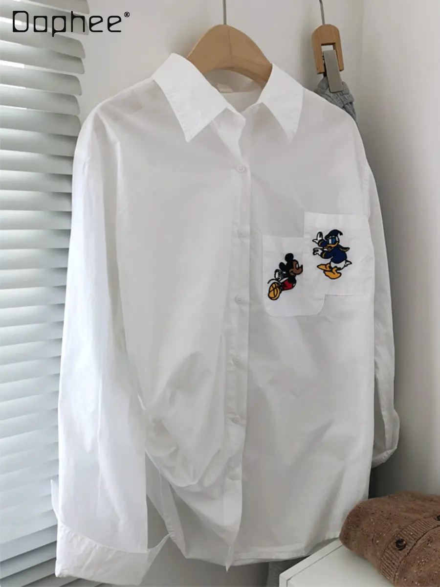 

Fashionable Cartoon Embroidery Bottoming White Shirt for Women 2022 Autumn New Simple Loose Lapel Long Sleeves Button Blouse