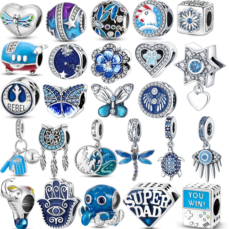 

Blue Series Charms Beads Fit Original Pandora Dragonfly Star Butterfly Dream Catcher Devil's Eye 925 Silver Jewelry Bracelets