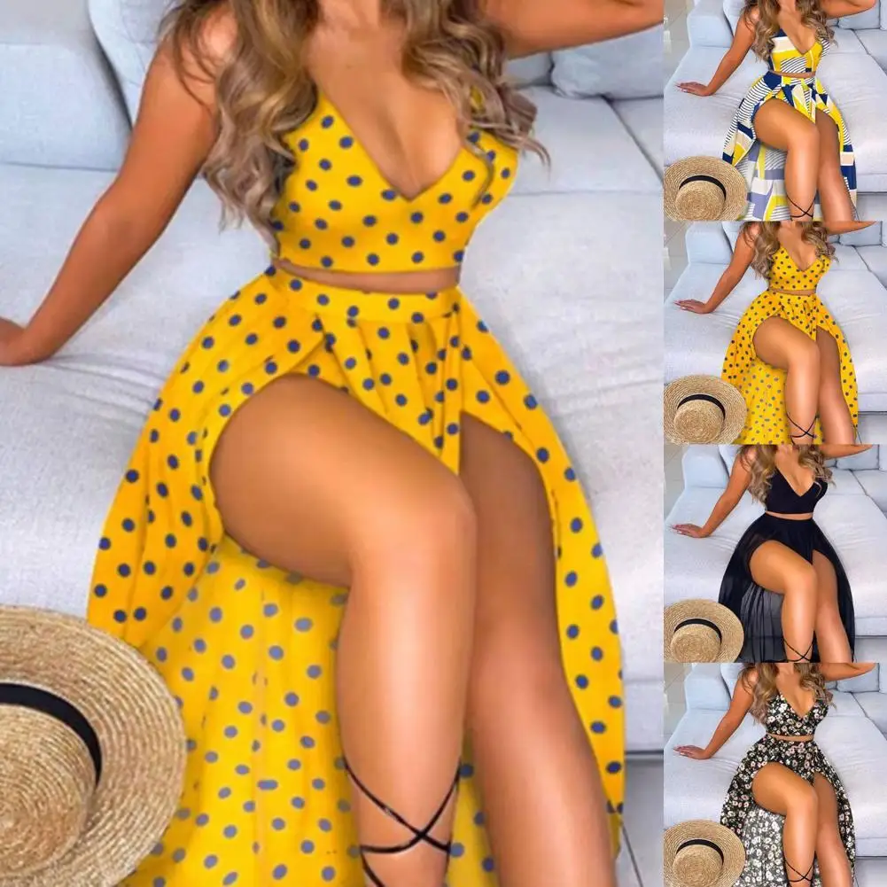 

Женский комплект из 2 предметов, Привлекательный Топ с V-образным вырезом, длинная юбка с разрезом и открытым подолом, юбка с цветочным принт...