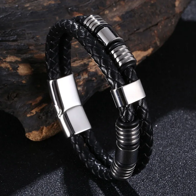Double Layer Woven Leather Bracelet Men Jewelry on the Hand Stainless Steel Classic Male Punk Rock Wristband Dropshipping FR1353