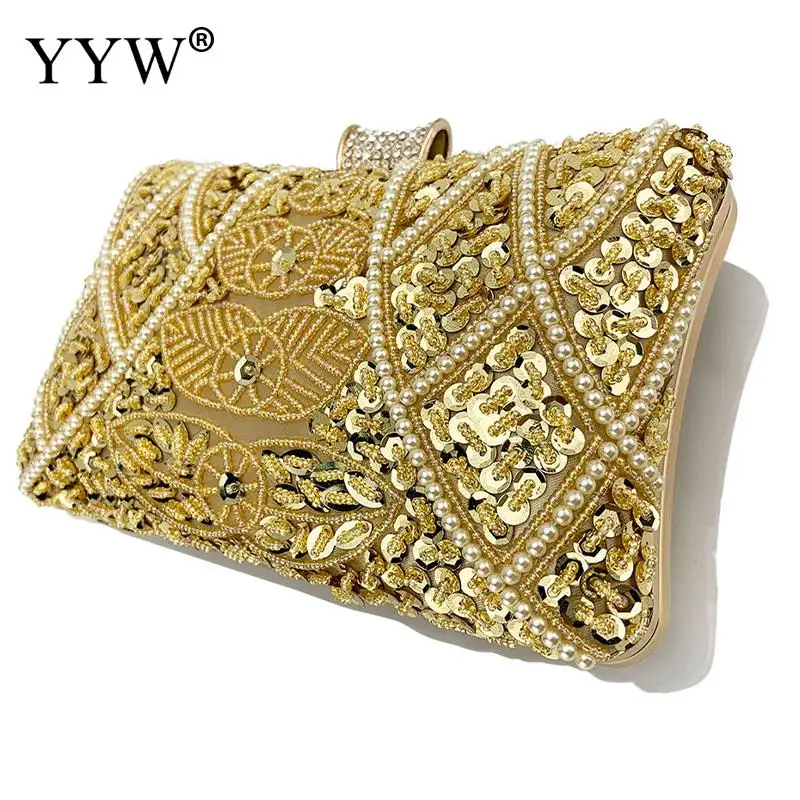 Fashion Floar Geometric Pattern Sequins Women Evening Handbag PU Leather Back Surface Pearl Diamond Clutch Bag Lady Chain Purse