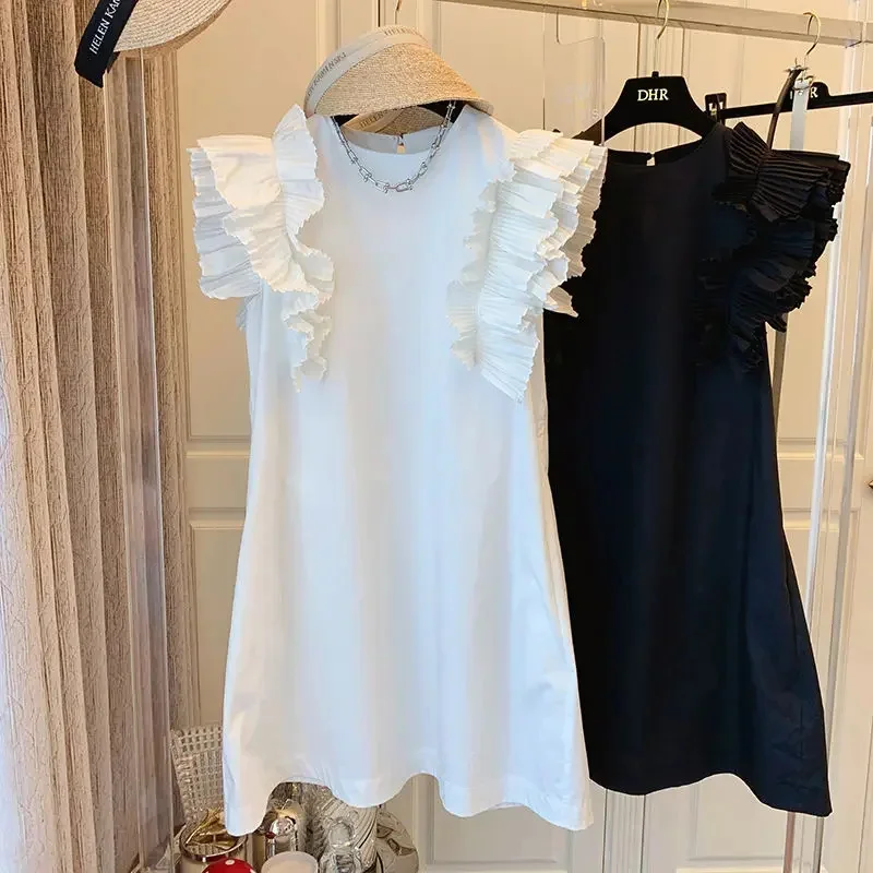 

Женское платье без рукавов, белое свободное плиссированное платье с оборками, повседневное короткое платье на бретелях, лето 2023