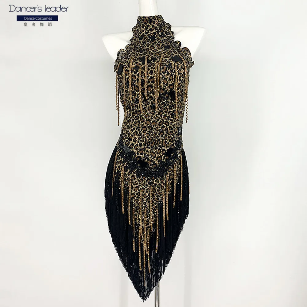 

High End Custom Latin Dance Leopard Mesh Catkin Tassel Skirt Cha Cha Tango Female Adult Stage Professional Dress