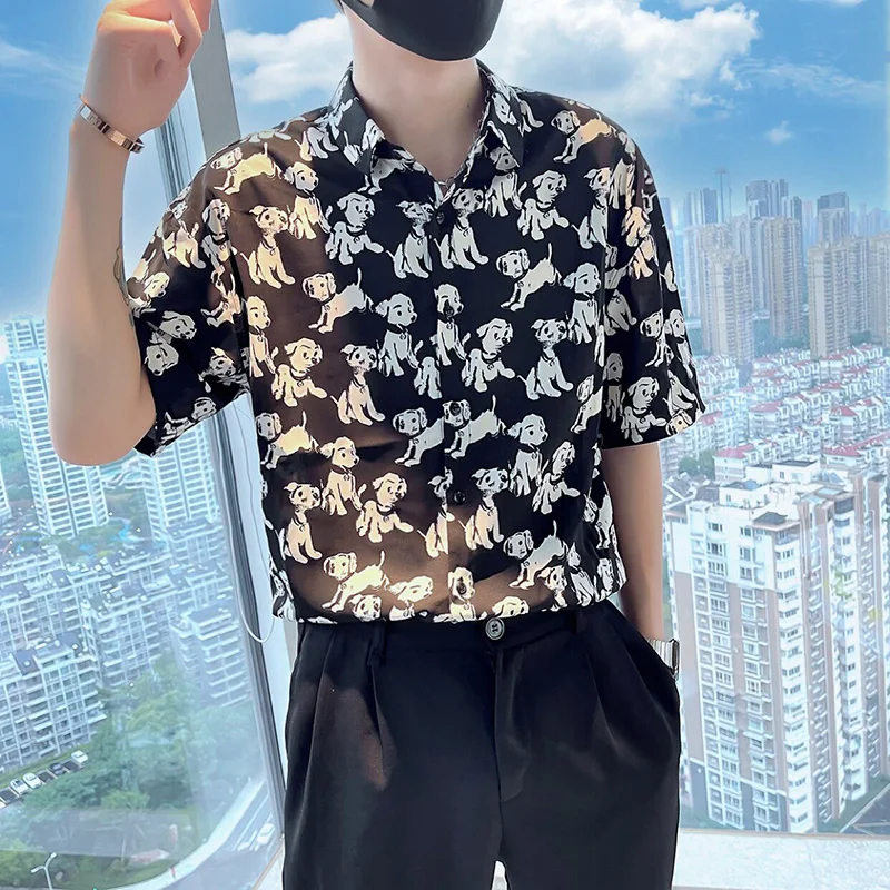 Fun Cartoon Print Shirt Men 2022 Summer Short Sleeve Slim Casual Shirt Loose Streetwear Oversized Tops Social Party Men Clothing