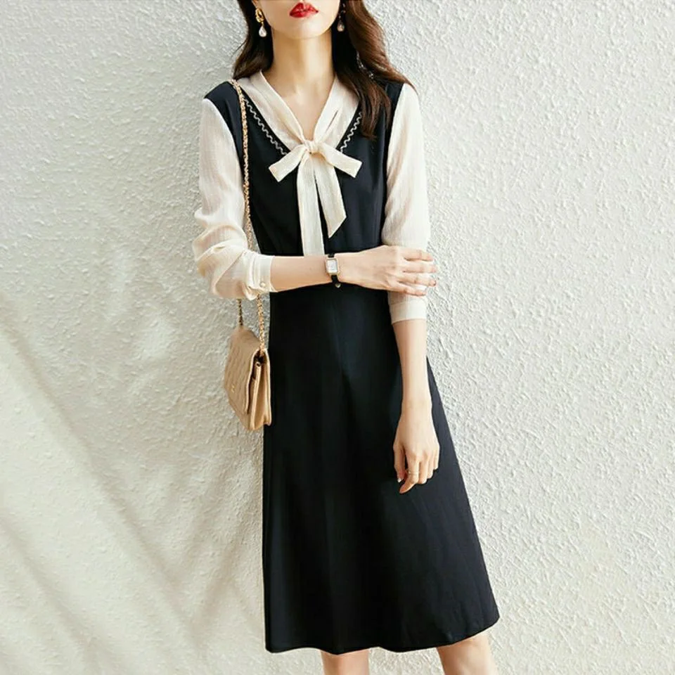 

Black and White Stitching Bow Office Dress for Women Long Sleeve Slim Korean Dress Summer Elegant Buttoned Lace Up Shirt Dress