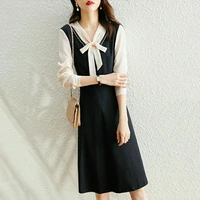 black and white stitching bow office dress for women long sleeve slim korean dress summer elegant buttoned lace up shirt dress