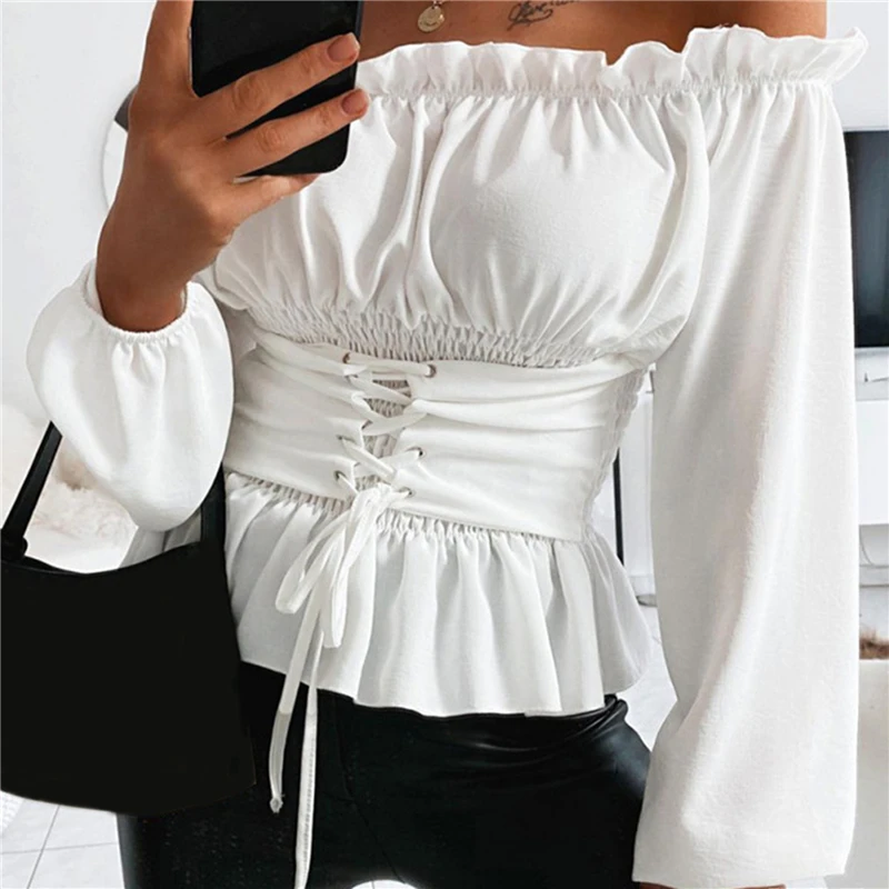 

Summer Sexy Women Tops Temperament Fashion One-word Shoulder Folds Ruffled Tops Solid Color Long Sleeve Tops For Woman